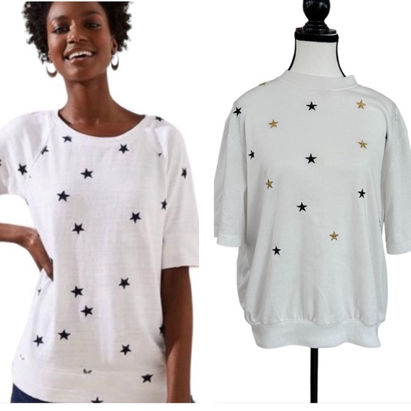 BonWorth White  embroidered Star Print Women's short sleeve sweatshirt top - Picture 1 of 6
